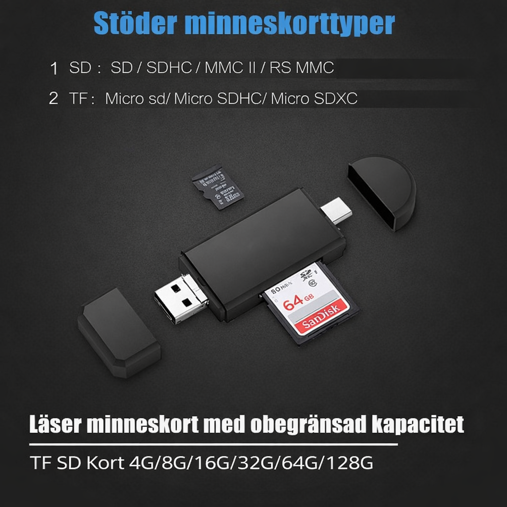 3-i-1 kortläsare – USB, Micro USB & Type-C
