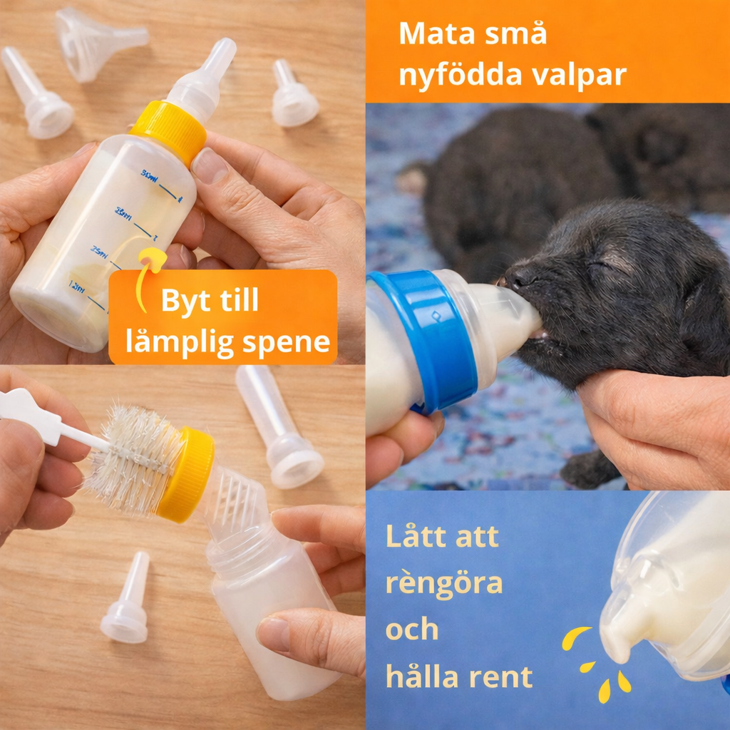 Nappflaska för husdjur med mjuk pip och flaskborste – 3-delars set