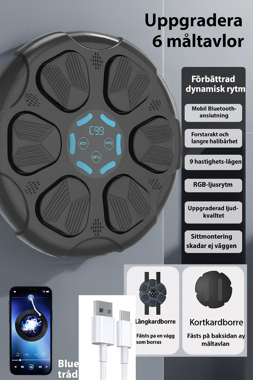 Bluetooth Boxing Trainer – Interaktiv Ljus- & Musikstyrd Boxningstavla för Hemmaträning