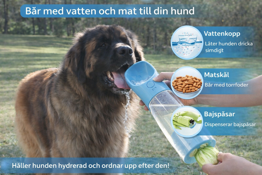 Portabel Vattenflaska för Hund & Katt – 3-i-1 med Mat, Vatten & Bajspåsehållare
