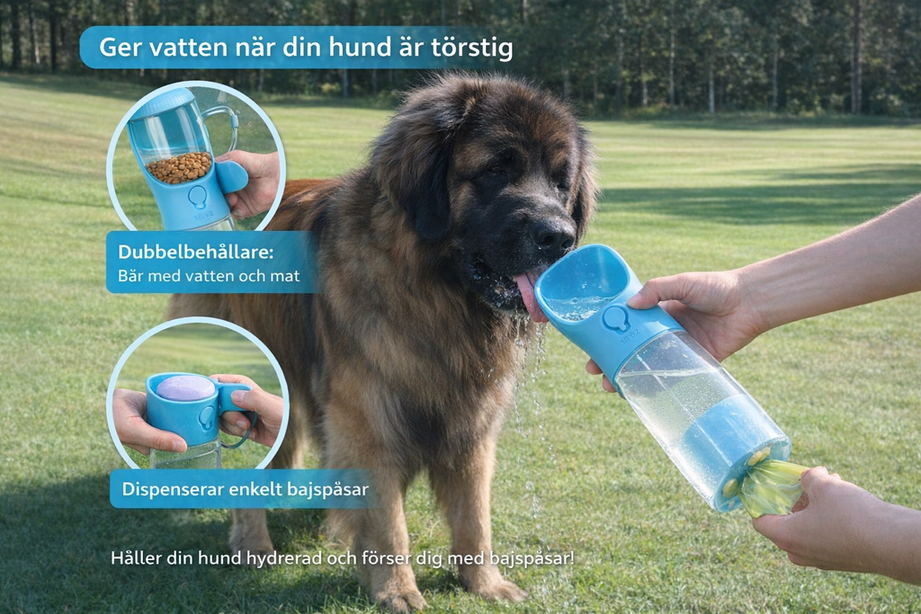 Portabel Vattenflaska för Hund & Katt – 3-i-1 med Mat, Vatten & Bajspåsehållare