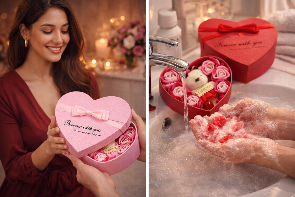 Hjärtformad presentask i rosaröd – perfekt för alla tillfällen